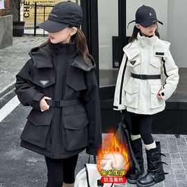 女童加绒冲锋衣外套冬季2024新款女孩大童加厚防风工装派克服冬装