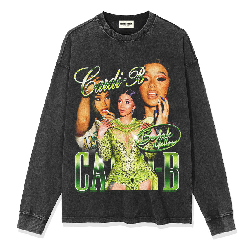 Tarjeta hermana Cardi B Europa y América hip-hop rap americano street hip-hop marca de moda estampado retro desgastado lavado manga corta