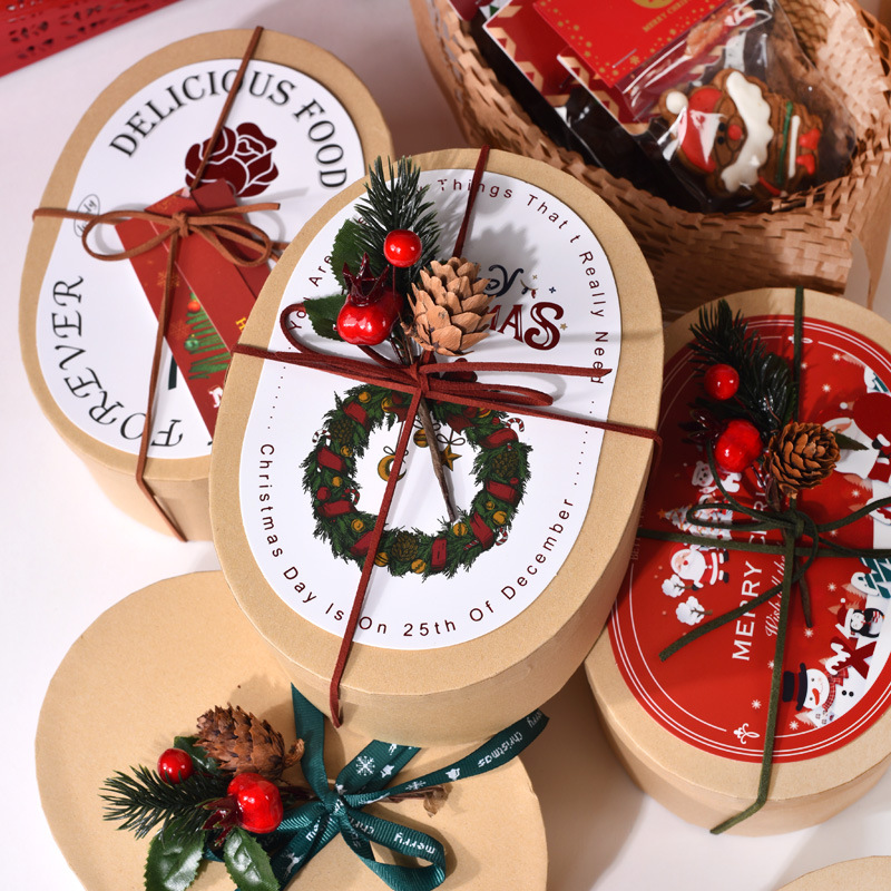 圣诞节礼盒椭圆牛皮纸伴手礼盒糖霜饼干蛋糕DIY烘焙包装盒马卡龙