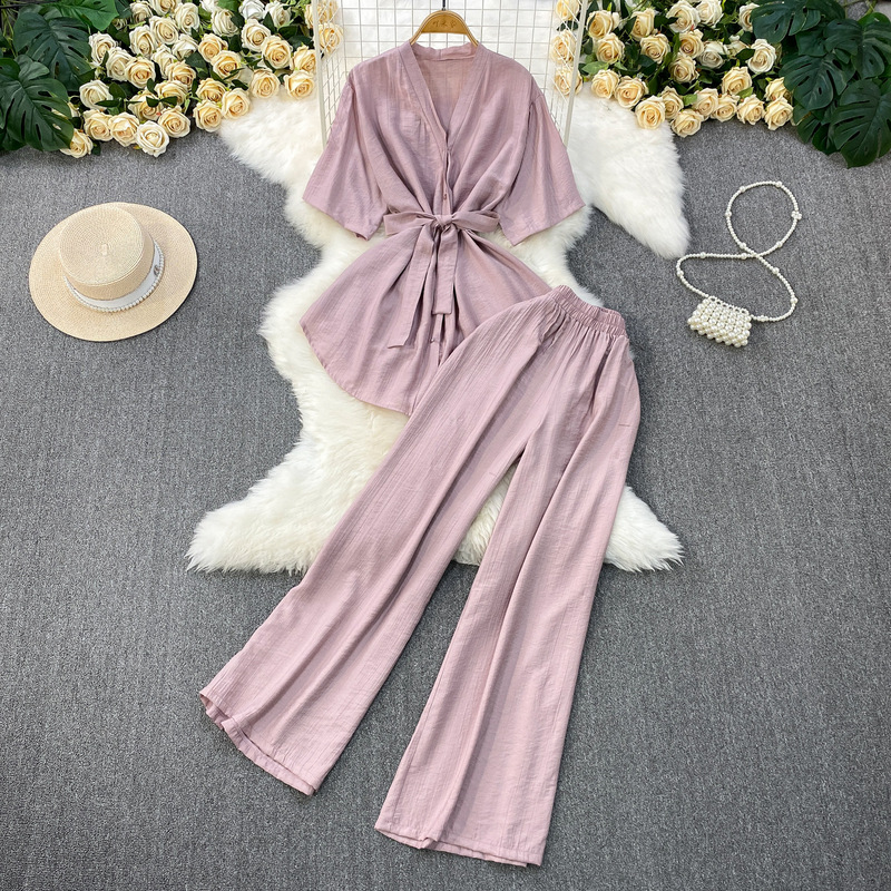 2025 Summer New Korean Style plus size Loose Tight Waist Mid-length Shirt Top High Waist Wide Leg Pants Two-piece Set 2025 Summer New Korean Style plus size Loose Tight Waist Mid-length Shirt Top High Waist Wide Leg Pants Two-piece Set
