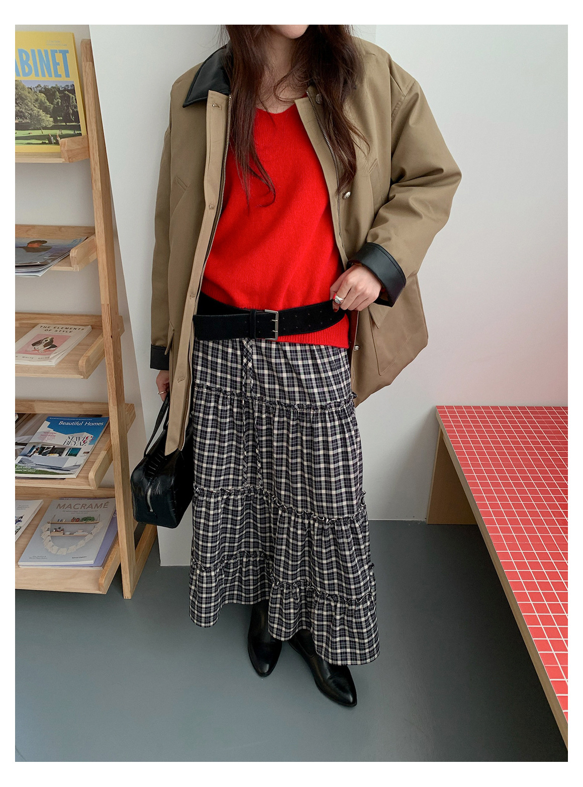 GraceChic GraceChic GraceChic Inbyin Gonna midi a quadri arricciati in stile coreano per donna, lunga vita elastica, che copre i fianchi, snellente_voghion.com