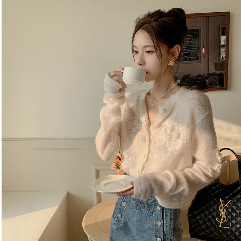 白色马海毛立体钩花针织开衫女春秋减龄2023百搭软毛衣薄款冰丝|undefined