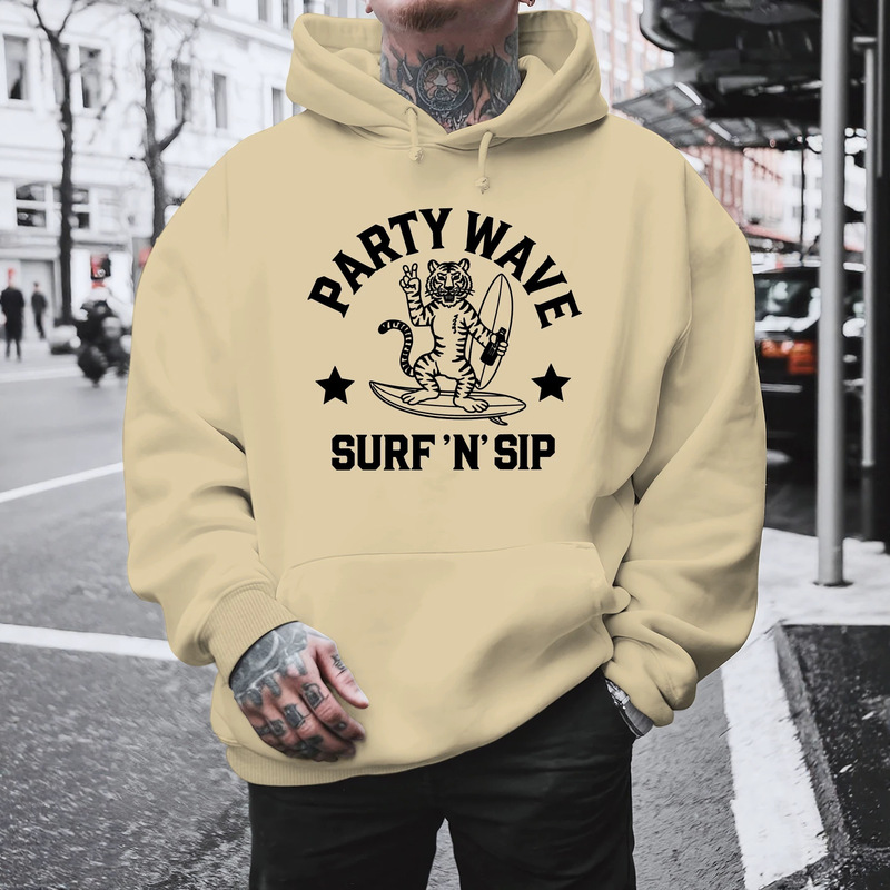 Surf Tiger Hooded Sweatshirt, vintage badge print on the front chest, loose-fitting, drop-shoulder casual pullover hoodie.