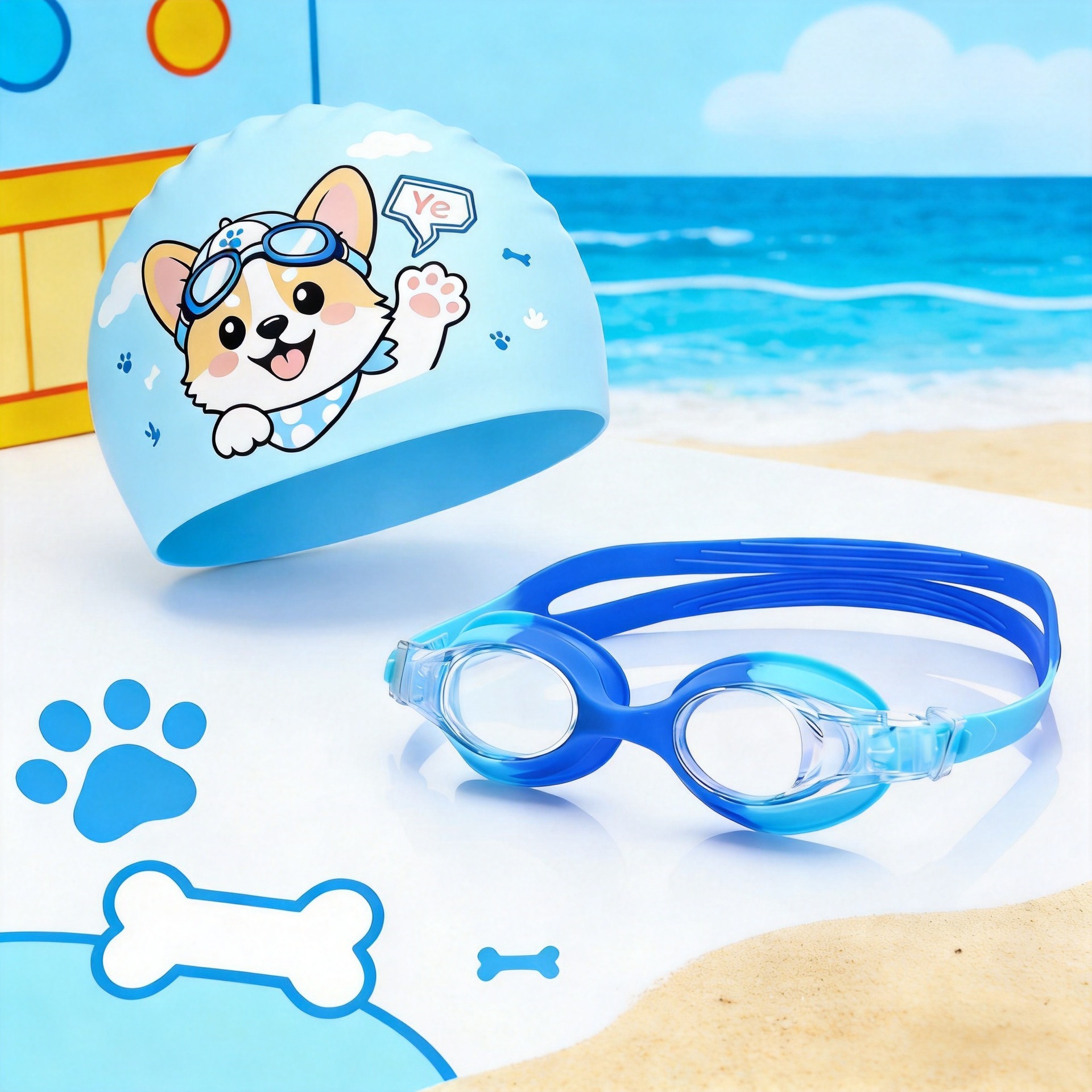 50g gorra pequeña Kirky + gafas de baño azul claro / azul transparente