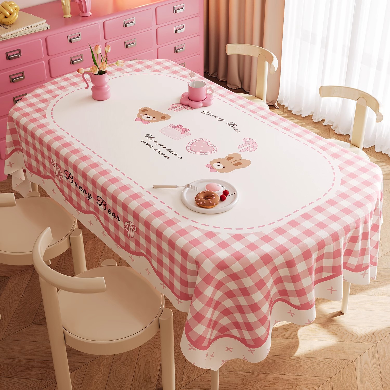 Cream Style Tablecloth Waterproof and Oil-Proof No-Wash Table Mat Cartoon Accessible Luxury High-End Oval Pink Coffee Table Tablecloth