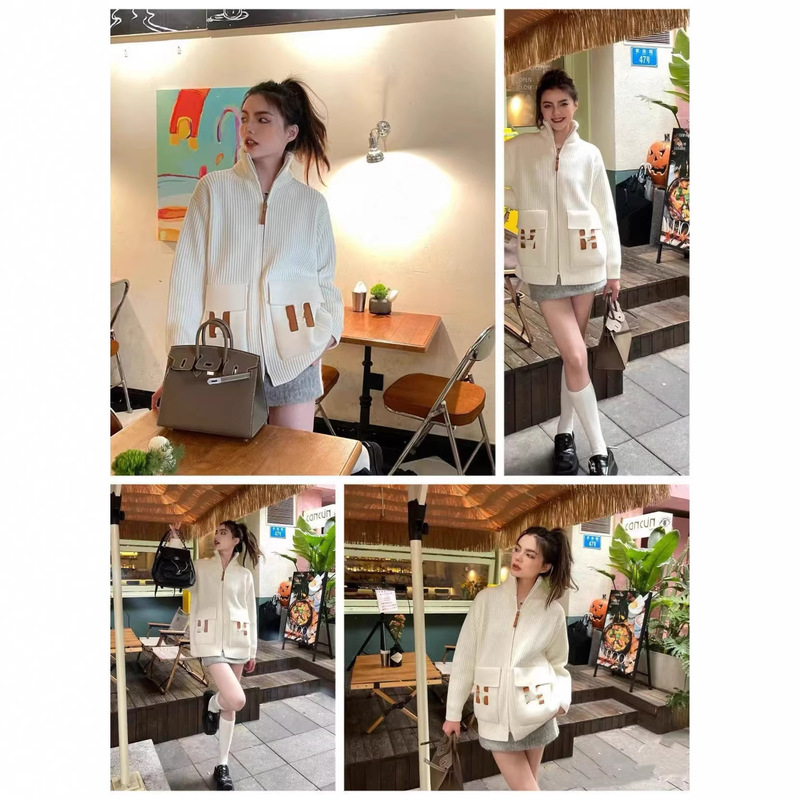 High-End Autumn and Winter New Fashion H Stylish Personality Pocket Leather Patchwork Zipper Color-Blocking High-Neck Knitted Cardigan for Women