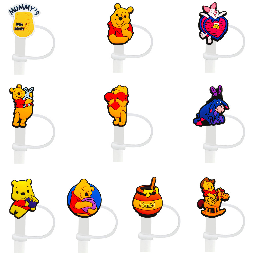 8-10mm Winnie the Pooh tapa de pajita tapón de pajita tapa a prueba de polvo accesorios de pajita de dibujos animados goma suave cubierta a prueba de polvo circulable