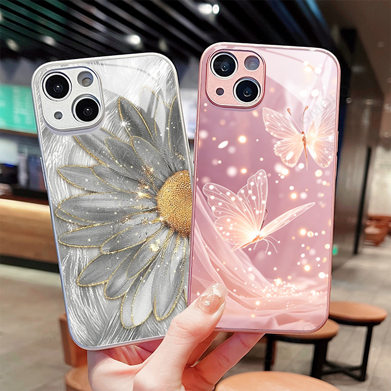 金线雏菊星光蝴蝶手机壳iPhone16Pro全包玻璃壳女款保护套苹果17p