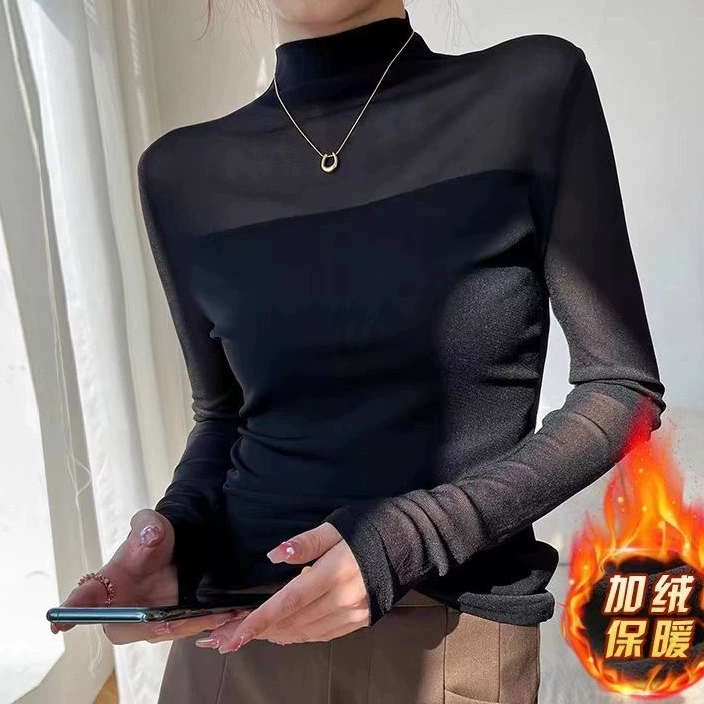 Плюшевый теплый зимний новый полувысокий воротник сетчатая пряжа темперамент нижняя рубашка с длинными рукавами