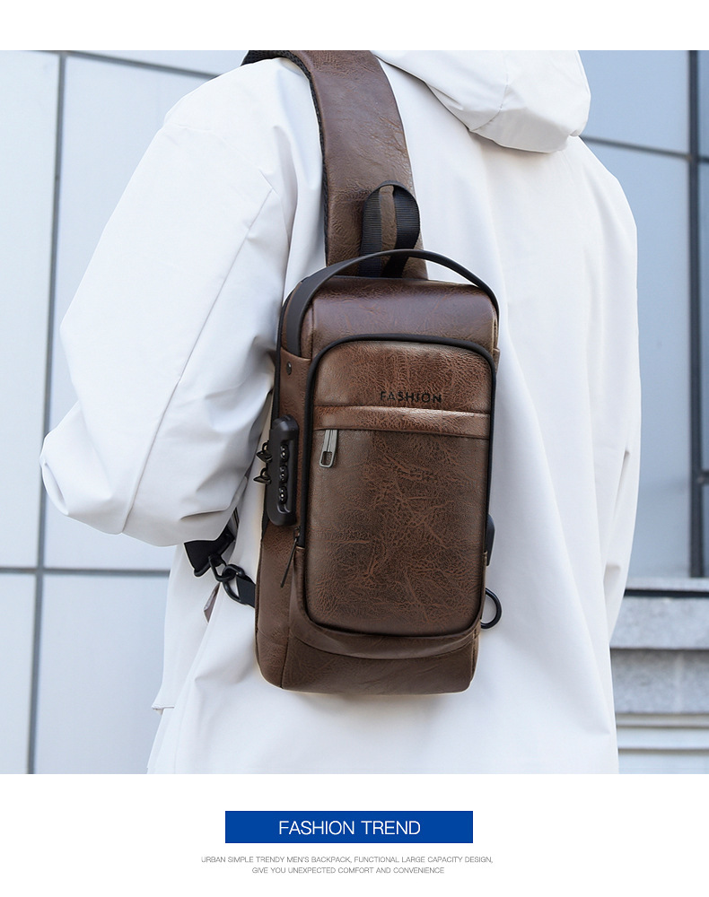 New men's chest bag, leather bag, crossbody bag, shoulder bag, sports mini backpack, multi-functional men's bag, combination lock, cross-border undefined