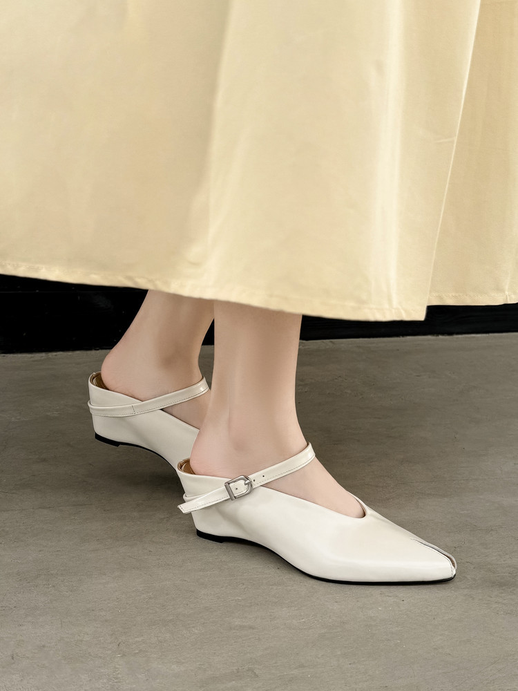 Sandal nữ hở mũi gót nêm cao da bò tăng chiều cao quai ngang — màu đen, màu trắng, màu mơ chi tiết 12