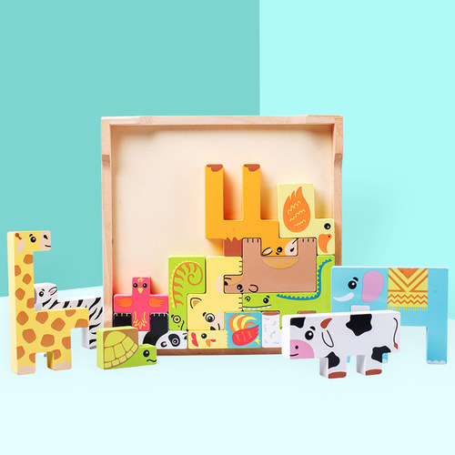 Wooden children's educational Tetris toys wholesale wooden early education three-dimensional shape animal large building block puzzles