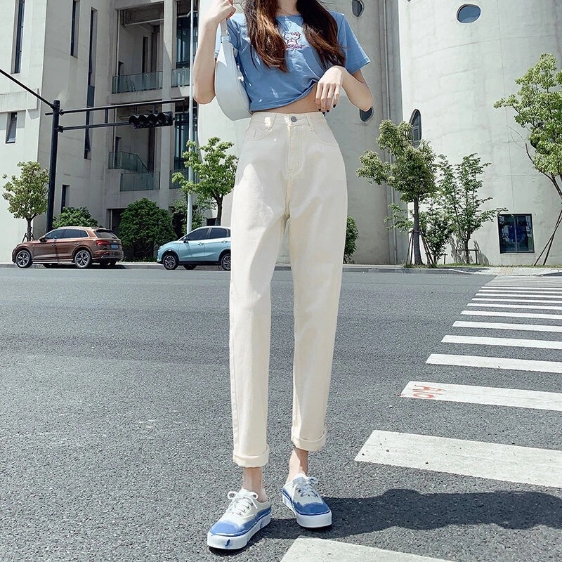 White women's straight-leg jeans, new summer Korean style, high-waisted, slimming, loose fit, cropped for petite figures