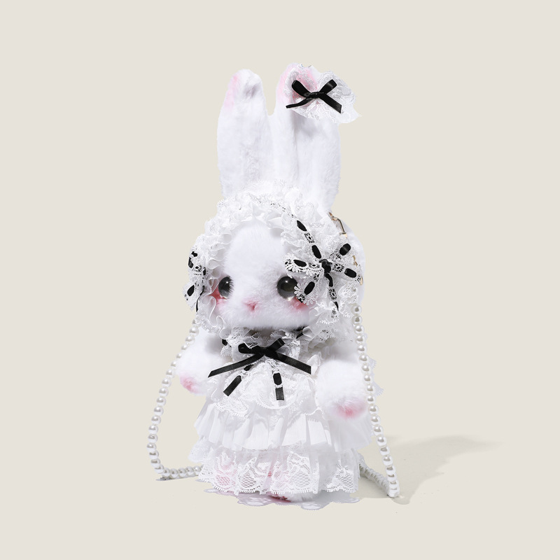 New Style Macaron High-Value Cute Girl Rabbit Crossbody Bag with Pearl Chain Lace Lolita Doll Backpack