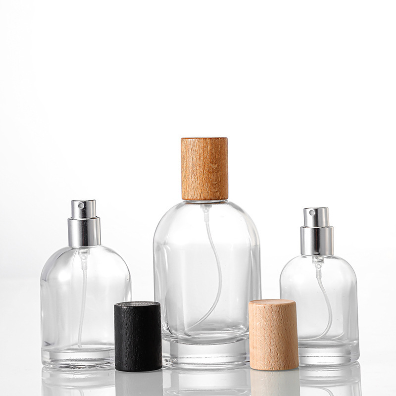 Botella de Perfume Cilíndrica de Vidrio Vacía con Pulverizador de Rocío Fino, Botella de Vidrio Recargable con Tapa de Madera de Haya, Exportación del Sudeste Asiático, Rocío Fino