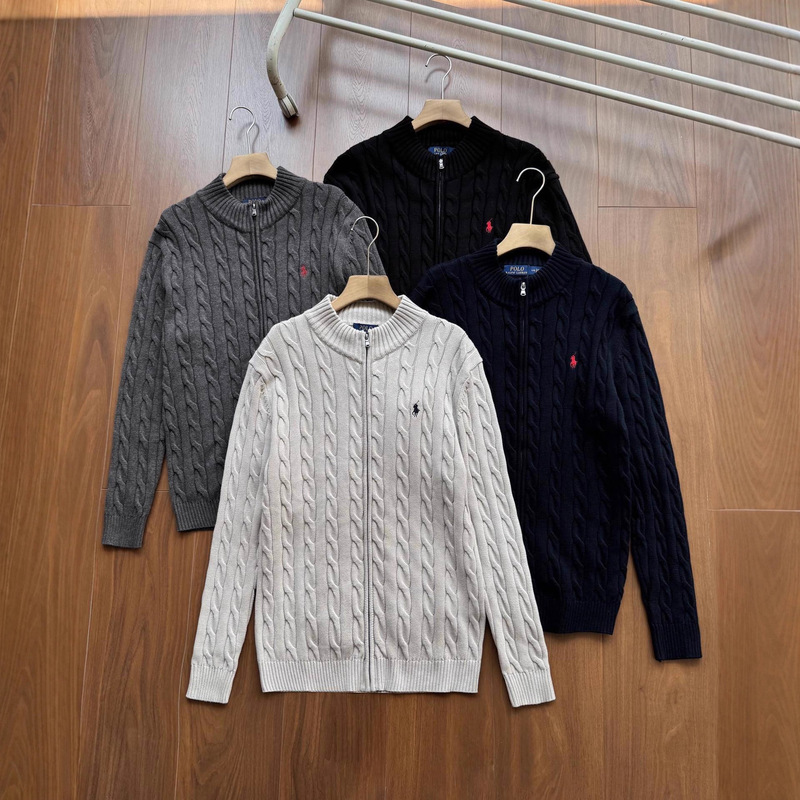High-Quality Foreign Trade Cross-Border Rl Twist Full-Zip Stand Collar Knit Cardigan Sweater Jacket Classic Old Money Style Thickened