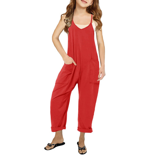 Fashionable and Casual Girls' V-Neck One-Piece Pajamas Solid Color Loose Casual Pajama Pants with Pockets Spring and Summer Clothing