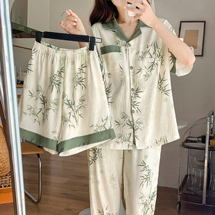 Pajamas with Breast Pads for Women Summer Three-piece Short-sleeved Pants Sweet and Cute Cloud Cotton Home Clothes Shorts Suit for Women