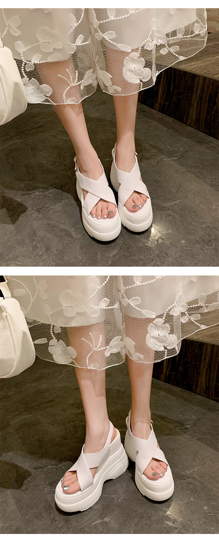 Sandal da bò hở mũi gót xuồng 14cm tăng chiều cao phong cách La Mã — Màu trắng, Màu mơ chi tiết 14