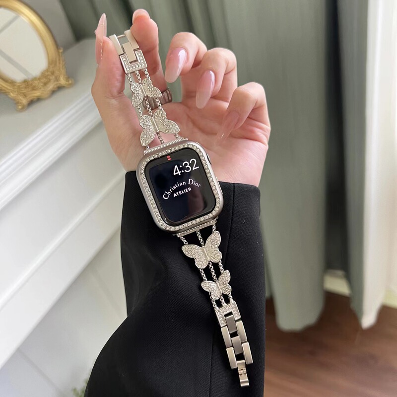 Suitable for Apple iWatch Se9/8 Ultra 7Th Generation 654321 Watch Metal Butterfly Diamond Small Chanel Style for Women