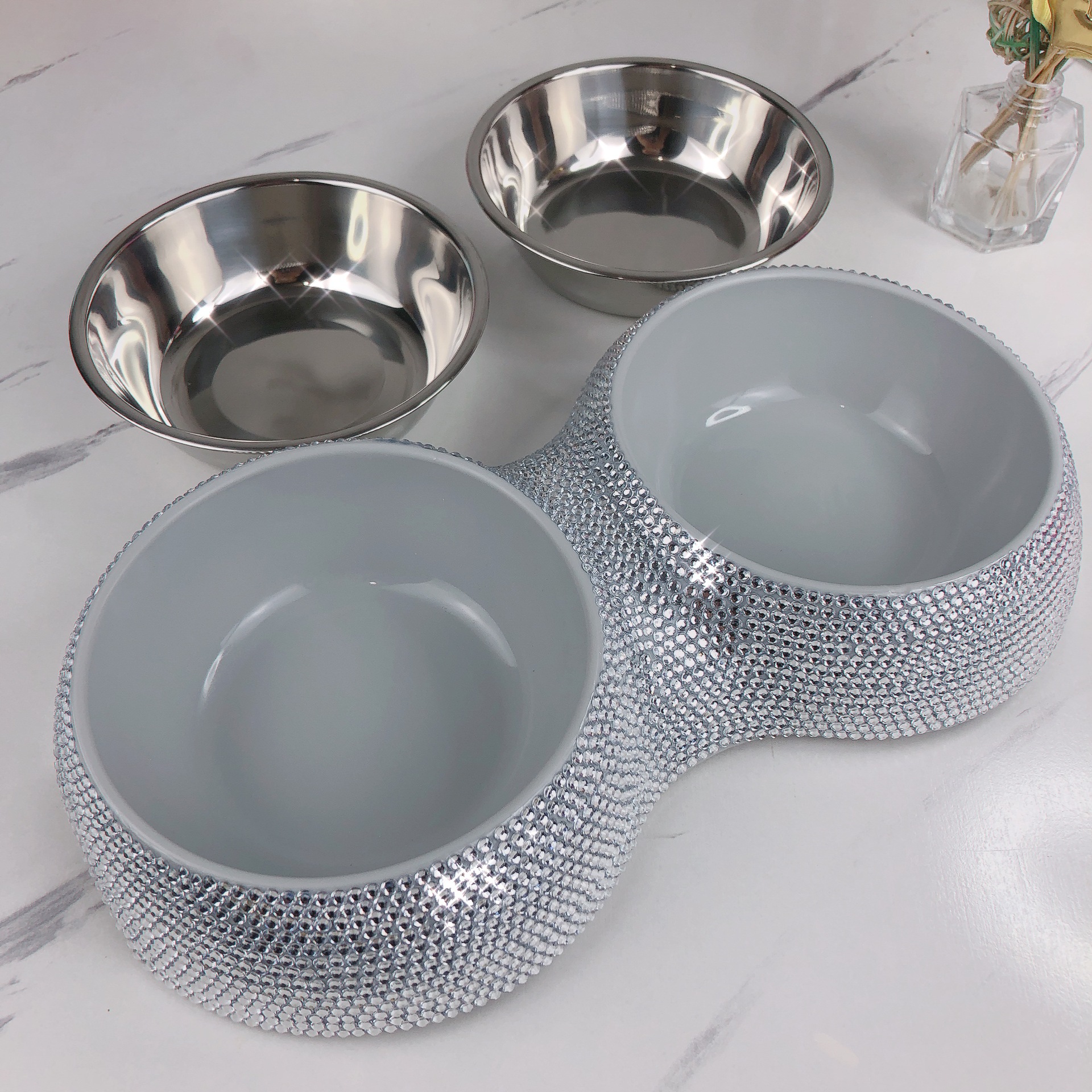Tazón para mascotas de diamante transfronterizo de acero inoxidable extraíble de doble capa tazón de comida para mascotas