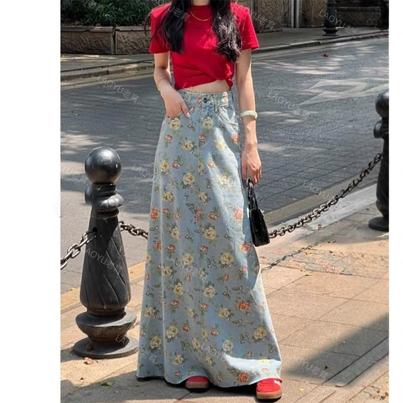 Джинсовая юбка с цветочным принтом в китайском стиле для женщин, лето 2025, новый дизайн, высокая талия, стройнящая, персонализированная, юбка-трапеция, длинная