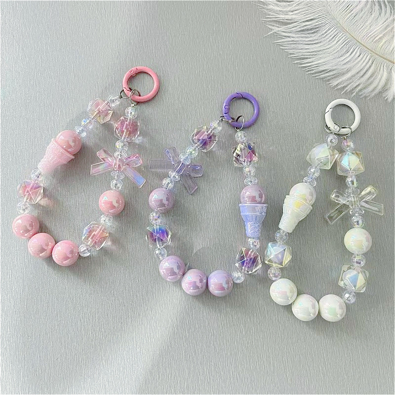 Cute and Sweet Style Ice Cream Beaded Keychain, Cute Bowknot, Girly Heart Bag Charm, Mobile Phone Chain Wholesale