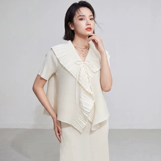 网红爆款肌理压褶短袖外搭上衣 小众温柔风荷叶边系带宽松显瘦T恤