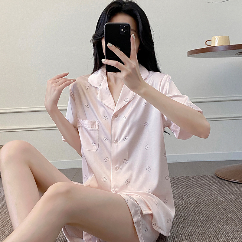 Short-Sleeved Shorts, Summer Home Wear Set, Imitation Silk Cool Pajamas That Can Be Worn Outside, Simple Large-Size Ice Silk Pajamas