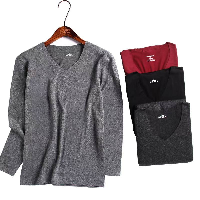 Amazon Constant Temperature No Mark Thermal Underwear Men's suit Winter Thin fleece-lined Autumn Clothes and Autumn Trousers V-Neck Slim-Fit Cover
