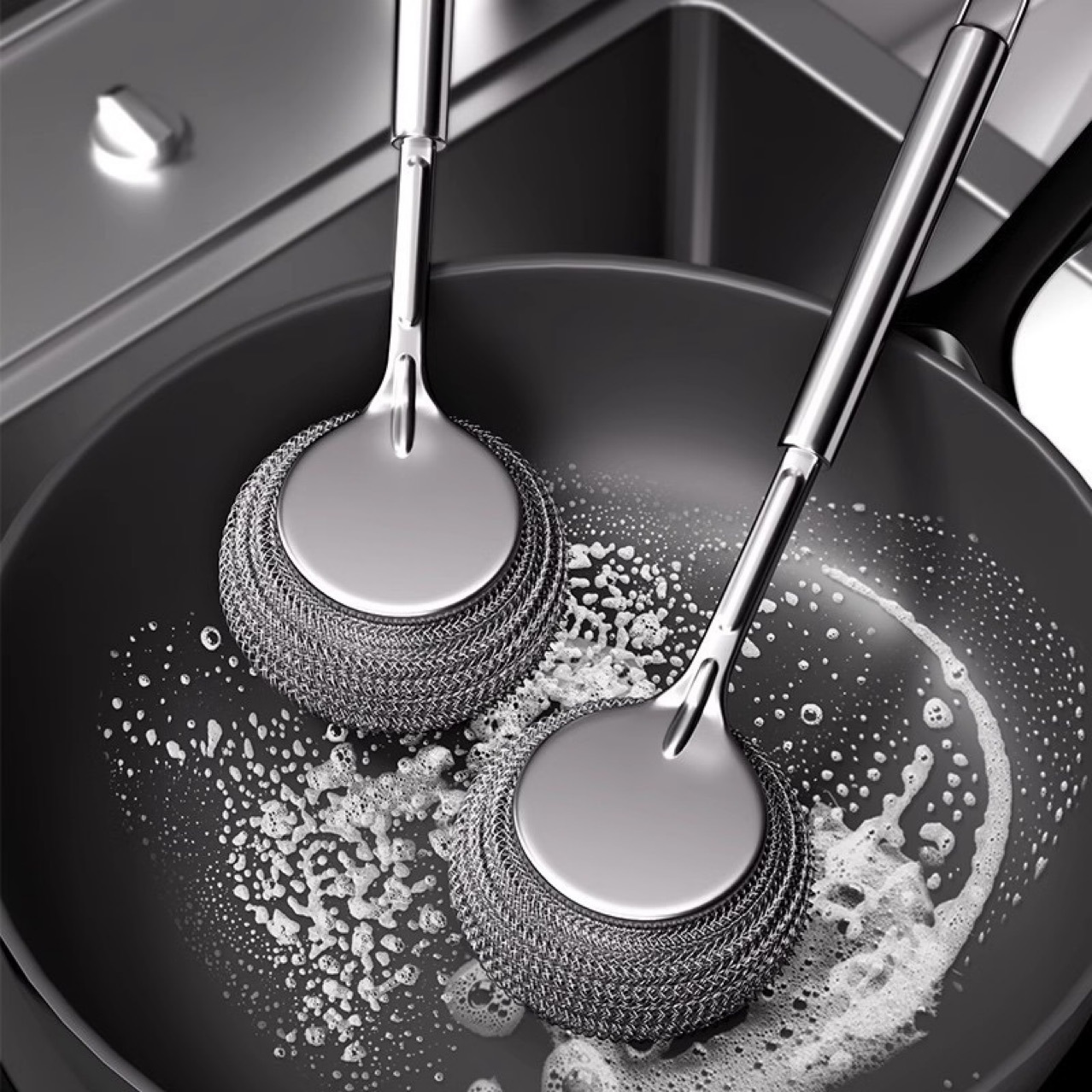 Stainless steel pot brush for kitchen use—premium wire ball brush with a long handle, perfect for washing and cleaning pots without leaving any fibers behind.