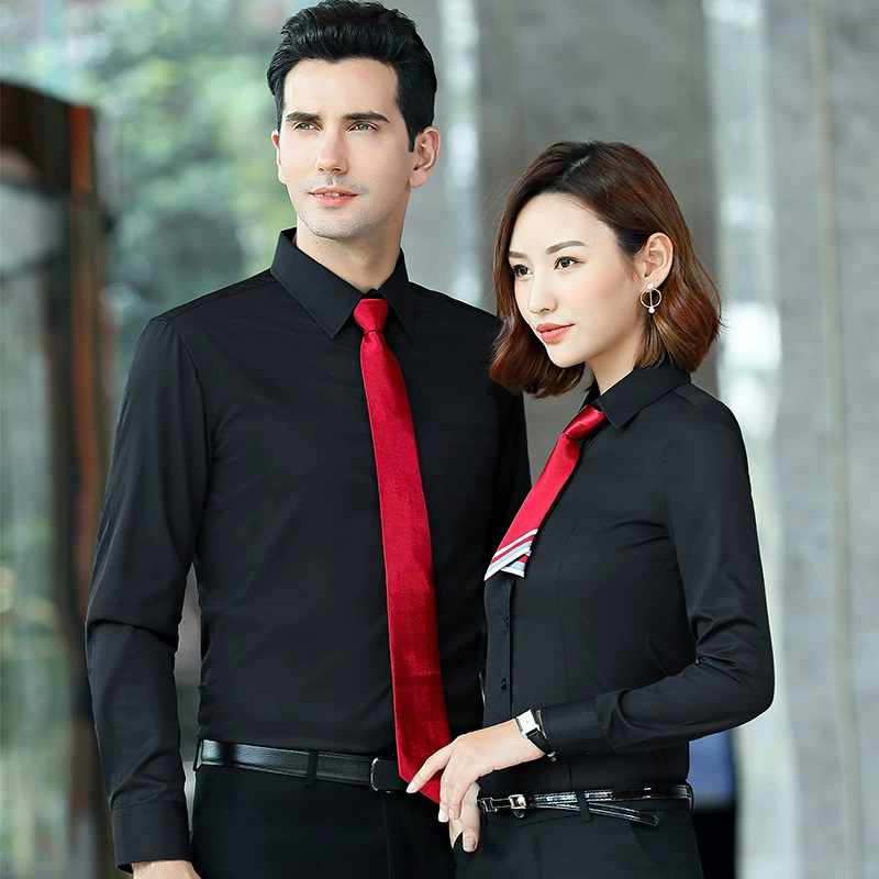 Elastic blue black shirt, white long-sleeve for work