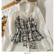 韩范复古撞色拼接粗花呢假两件小衫女秋高腰绑带修身翻领长袖上衣