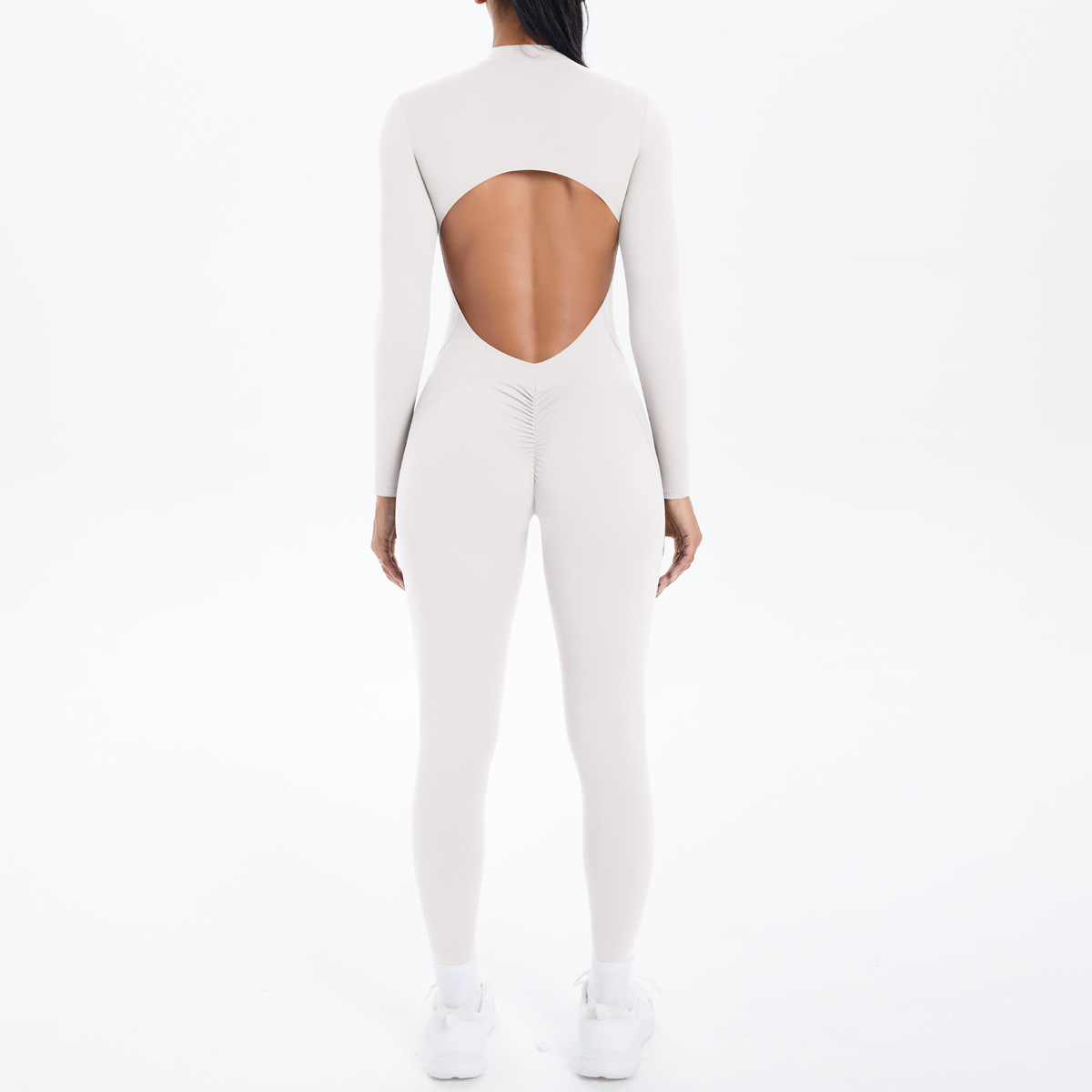 Nuova tuta a maniche lunghe con schiena scoperta, tinta unita e doppio strato in broccato, per sport, corsa, fitness e yoga_voghion.com