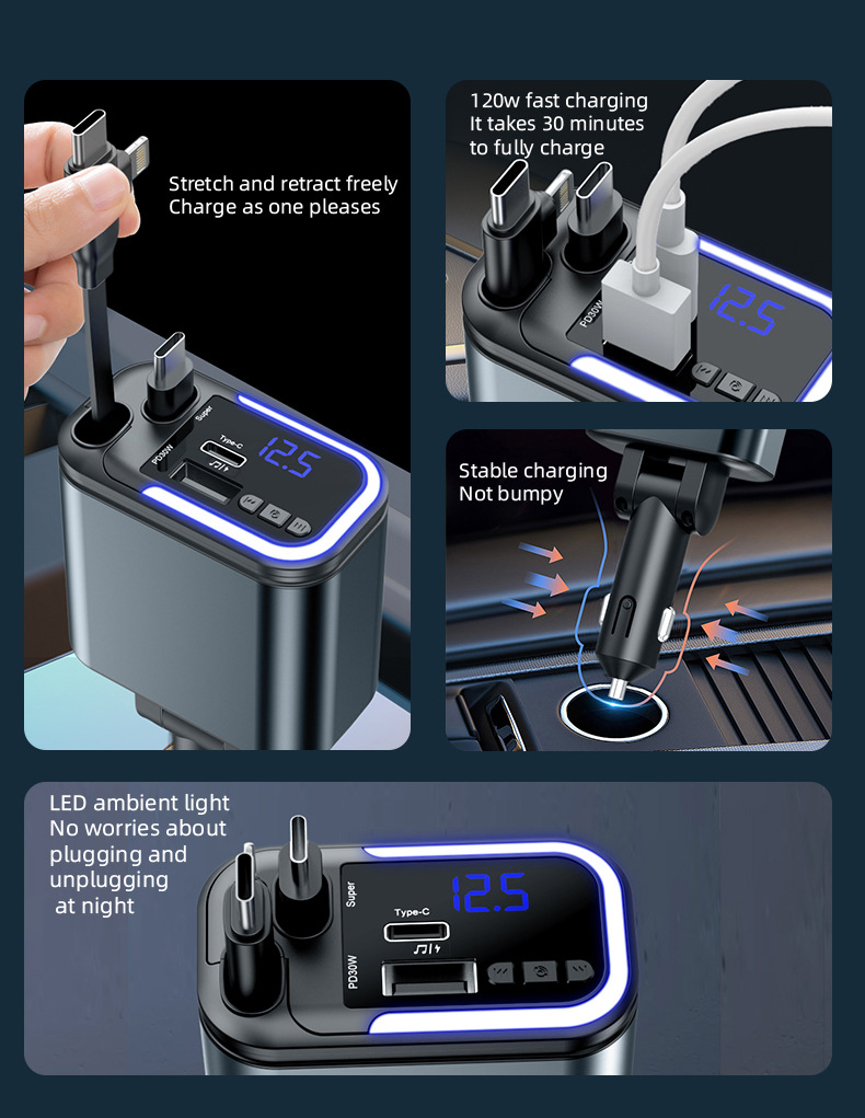 Car Charger Multi-Function Fast Charging Car Mp3 Player Bluetooth Plug-In USB Disk Listening to Music with Retractable Cable Five-In-One