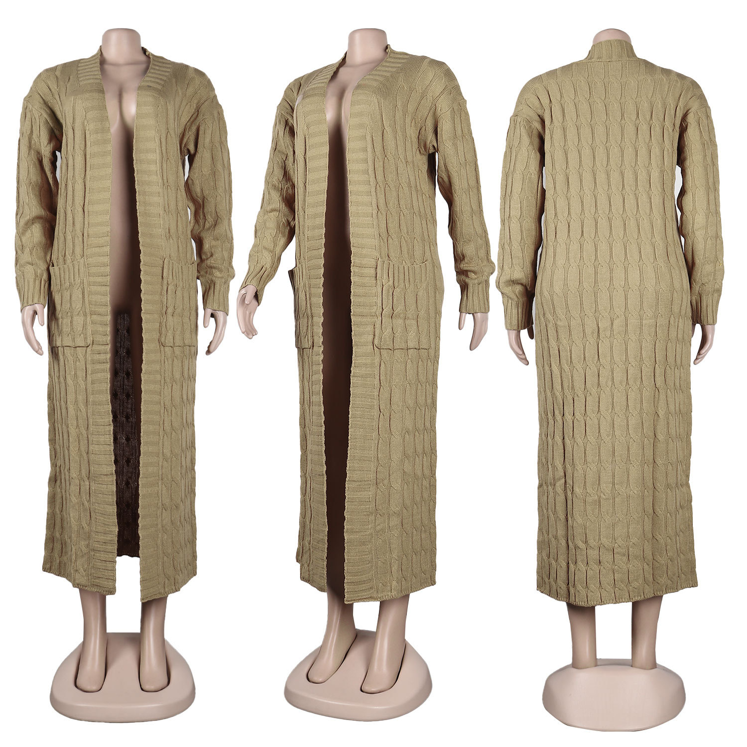 Damen Strickjacke Lang Aus Grobstrick In Unifarben Wintermantel_voghion.com