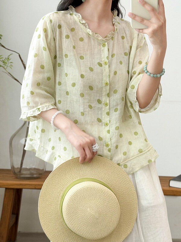 Ramie Polka Dot Mid-Sleeve Shirt for Women, Summer Thin Style, Artistic Lace Collar, Cool Fine Linen Half-Sleeve Top Ramie Polka Dot Mid-Sleeve Shirt for Women, Summer Thin Style, Artistic Lace Collar, Cool Fine Linen Half-Sleeve Top