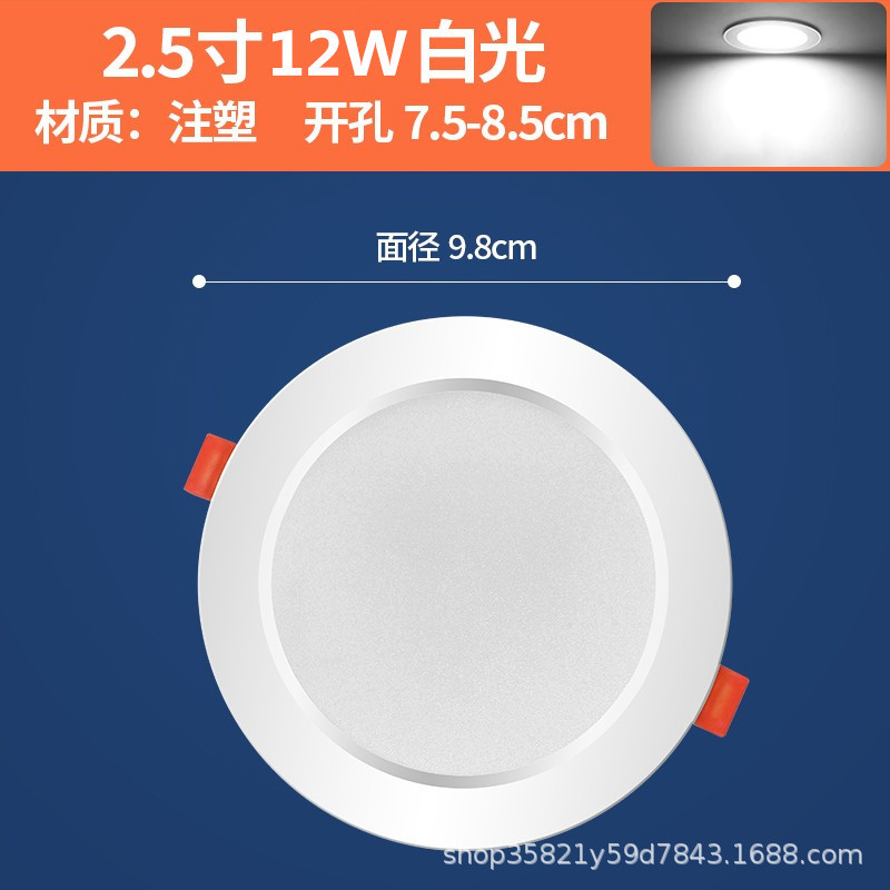 2.5 inches, 12 watts, opening 7-, monochrome white light, thickness 3cm inches, two-year warranty