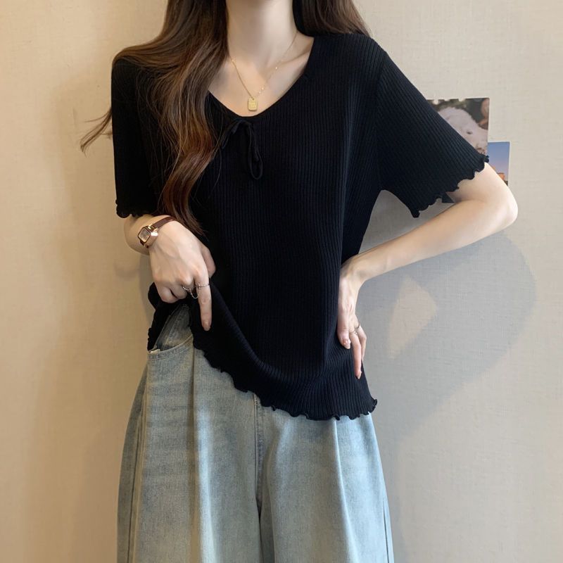 冰丝螺纹短袖t恤女夏2025新款韩版胖mm修身显瘦减龄大码红色上衣|undefined
