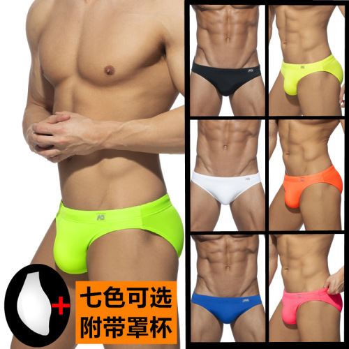 Cross-border swimming trunks men's low-waist bikini briefs solid color nylon swimming trunks cup anti-embarrassment beach pants tethered