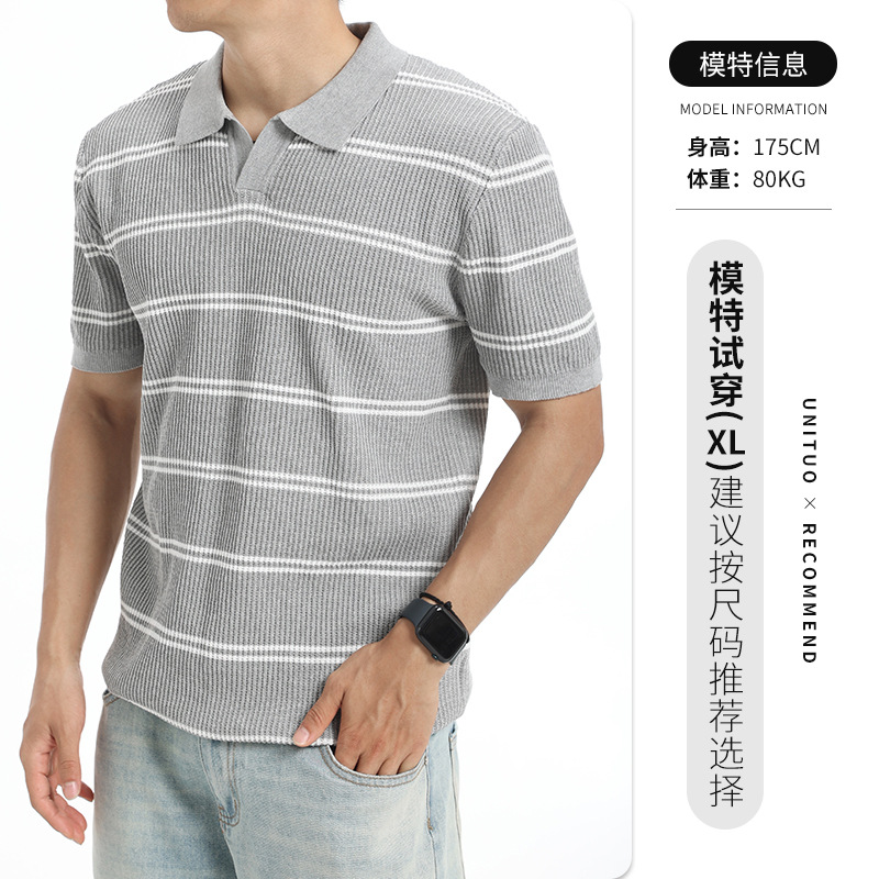 Europa y los Estados Unidos transfronterizos de verano hombre con solapa rayada hielo polo camiseta de negocios casual alta sensación de mangas cortas prendas de punto para hombres