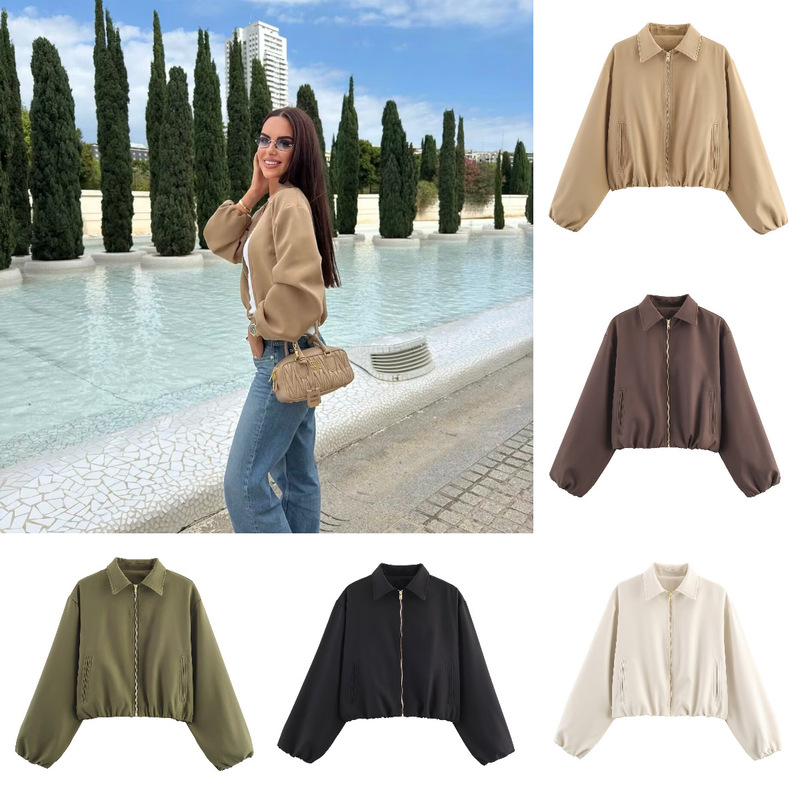 Za Cross-Border Export Spot European and American Style Women's Spring and Autum New Fashion Pure Color Zipper Puffy Jacket
