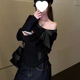 T393#包芯纱洗水蝴蝶结波点飘带长袖针织衫女2026新款秋冬设