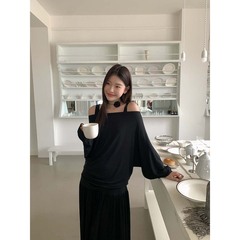 【十三行特价不退换】莫代尔面膜tee软糯一字肩斜肩上衣女长袖t恤
