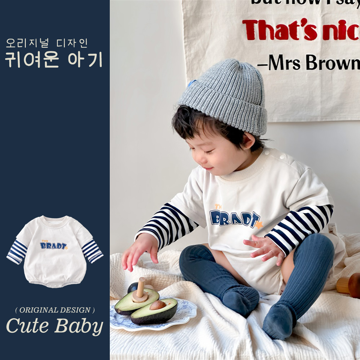 2025 primavera nuevo producto mono de bebé masculino coreano impresión de letras falso dos piezas tipo A abrigo de manga larga de bebé