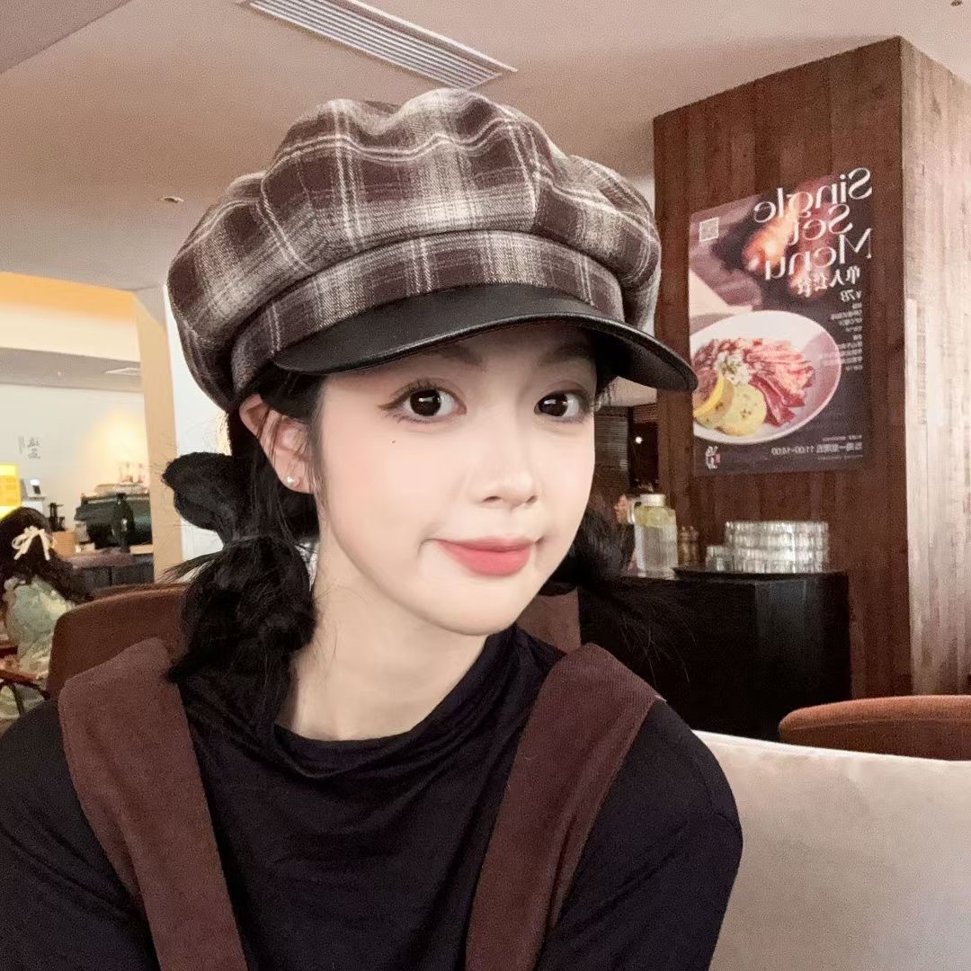 (2개) 한국식 가죽 브림 바느질 격자 무늬 팔각형 모자 여성 여행 베레 가을과 겨울 격자 무늬 레트로 캐주얼 뉴스보이 모자