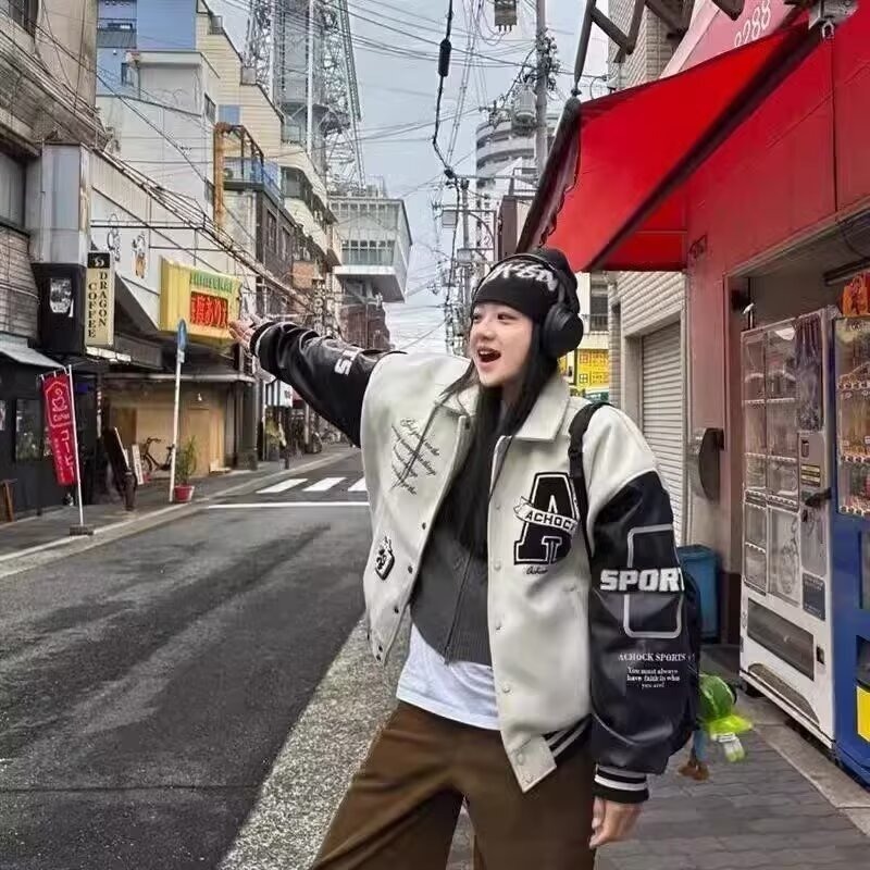 美式翻领字母复古新款拼接印花棒球情侣外套立领春季宽松上衣夹克|undefined