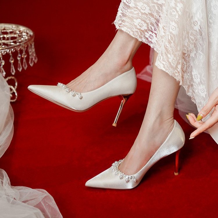 2025 spring new pointed toe high heels women's stiletto bridal shoes women's fashion single shoes wedding shoes