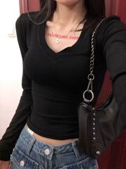 240グラムの徳絨毛の肩のvネックの短い長袖の底のシャツの女性のtシャツは身を修める中に上着の潮を掛けます。