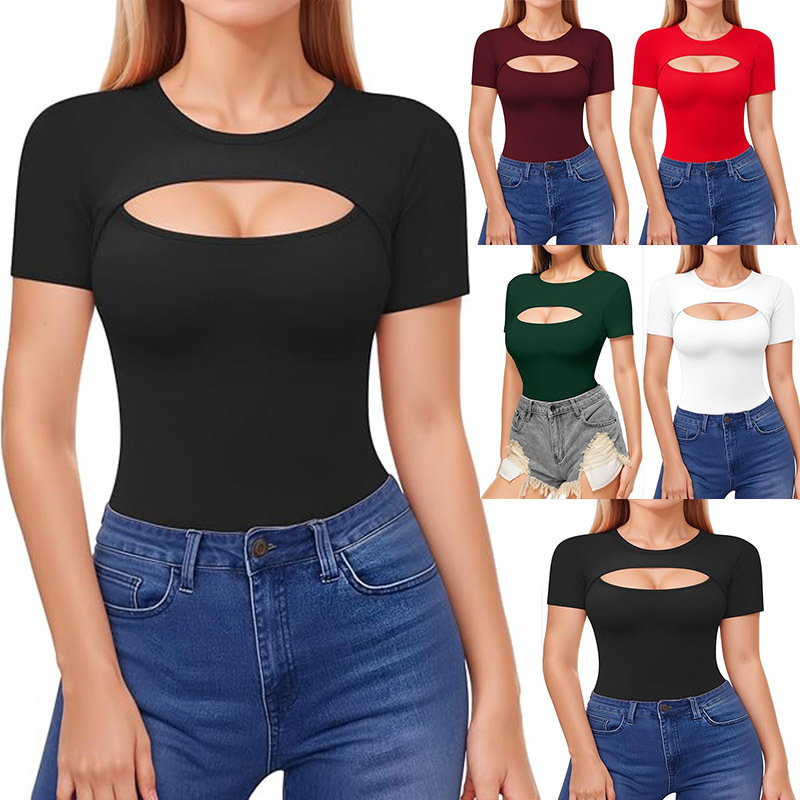 Cross-Border Export New Summer Cut Out Long-Sleeved Tops European and American Basic Pure Color Round Neck Slim Sexy T-Shirts Cross-Border Export New Summer Cut Out Long-Sleeved Tops European and American Basic Pure Color Round Neck Slim Sexy T-Shirts